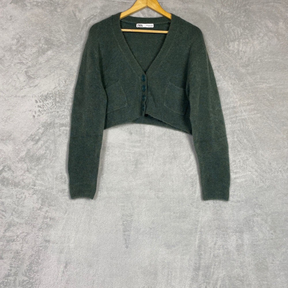 Zara Womens Small Dark Green Cropped V-Neck Button Front Wool Blend Cardigan